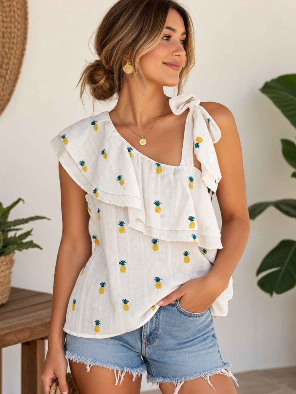 Buffalo David Bitton Pineapple Embroidered Ruffle One Shoulder Top Size L